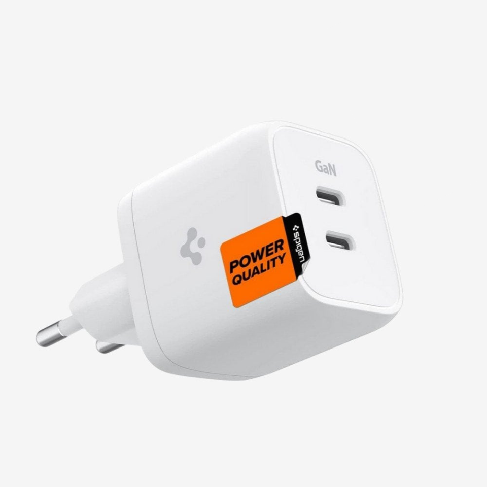 Spigen 45W GaN USB-C 2 Port Mini Güç Adaptörü - Samsung PPS 2.0 Destekli Hızlı Şarj Aleti (Isı Düşürücü ve Akım Korumalı) iPhone & Android & iPad & MacBook Type-C White