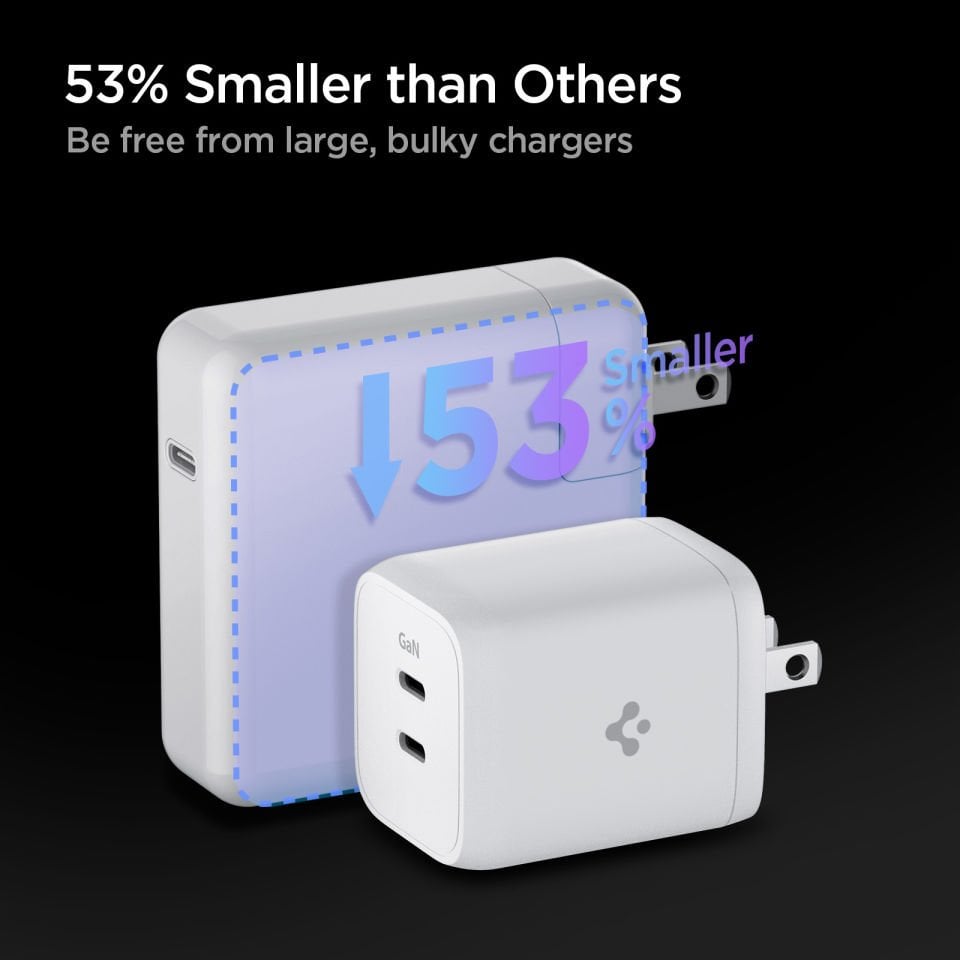 Spigen 65W GaN USB-C 2 Port Mini Güç Adaptörü - Samsung PPS 2.0 Destekli Hızlı Şarj Aleti (Isı Düşürücü ve Akım Korumalı) iPhone & Android & iPad & MacBook Type-C