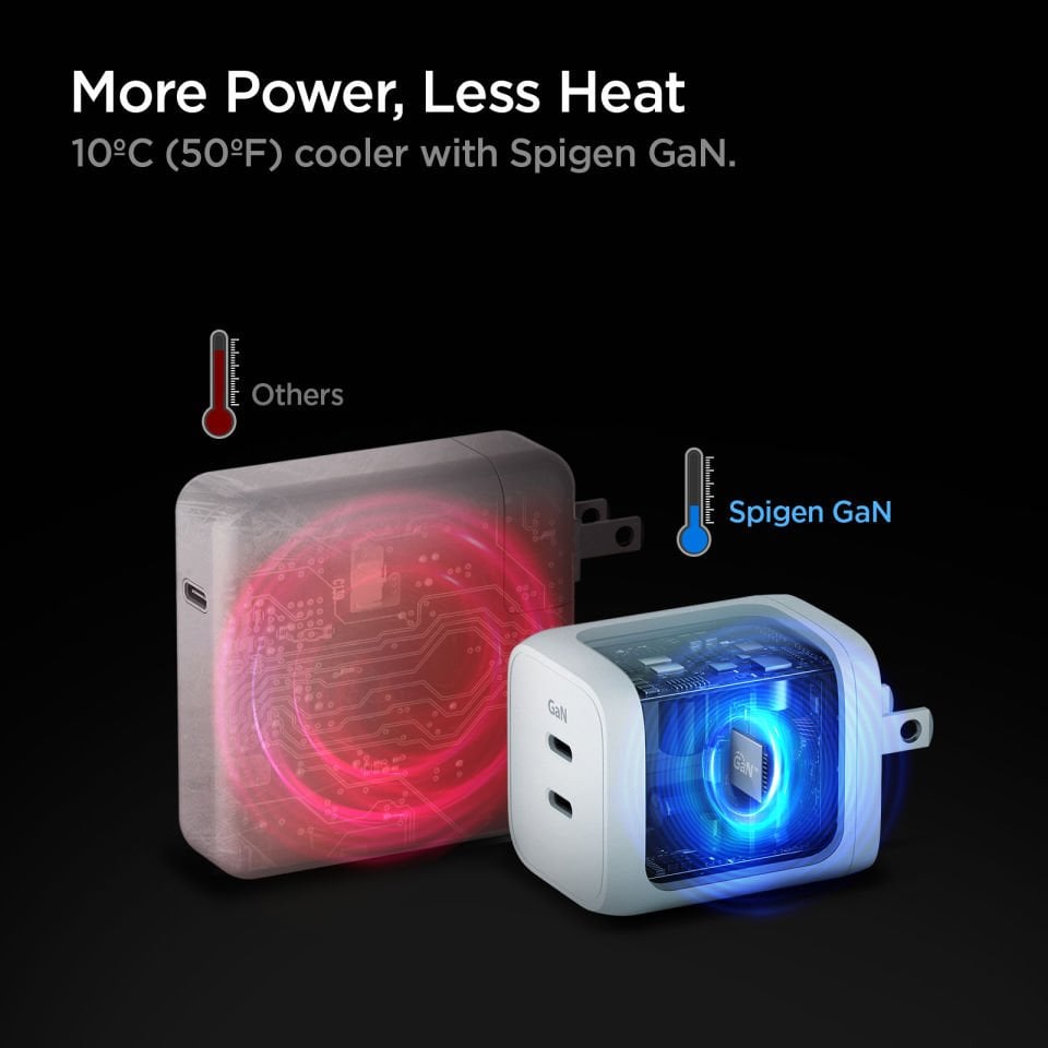Spigen 65W GaN USB-C 2 Port Mini Güç Adaptörü - Samsung PPS 2.0 Destekli Hızlı Şarj Aleti (Isı Düşürücü ve Akım Korumalı) iPhone & Android & iPad & MacBook Type-C
