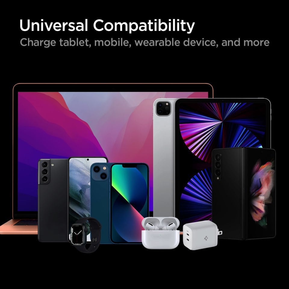 Spigen 65W GaN USB-C 2 Port Mini Güç Adaptörü - Samsung PPS 2.0 Destekli Hızlı Şarj Aleti (Isı Düşürücü ve Akım Korumalı) iPhone & Android & iPad & MacBook Type-C