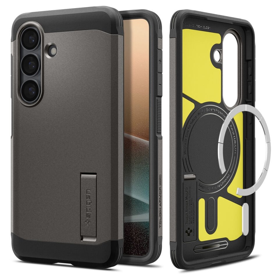 Spigen Samsung Galaxy S26 Plus ile Uyumlu Ekstra Dayanıklı Kılıf Tough Armor Hava Kanalı Teknolojisi™ Askeri Sınıf Koruma MagFit KickStand\'lı Çift Katman Kapak Gunmetal