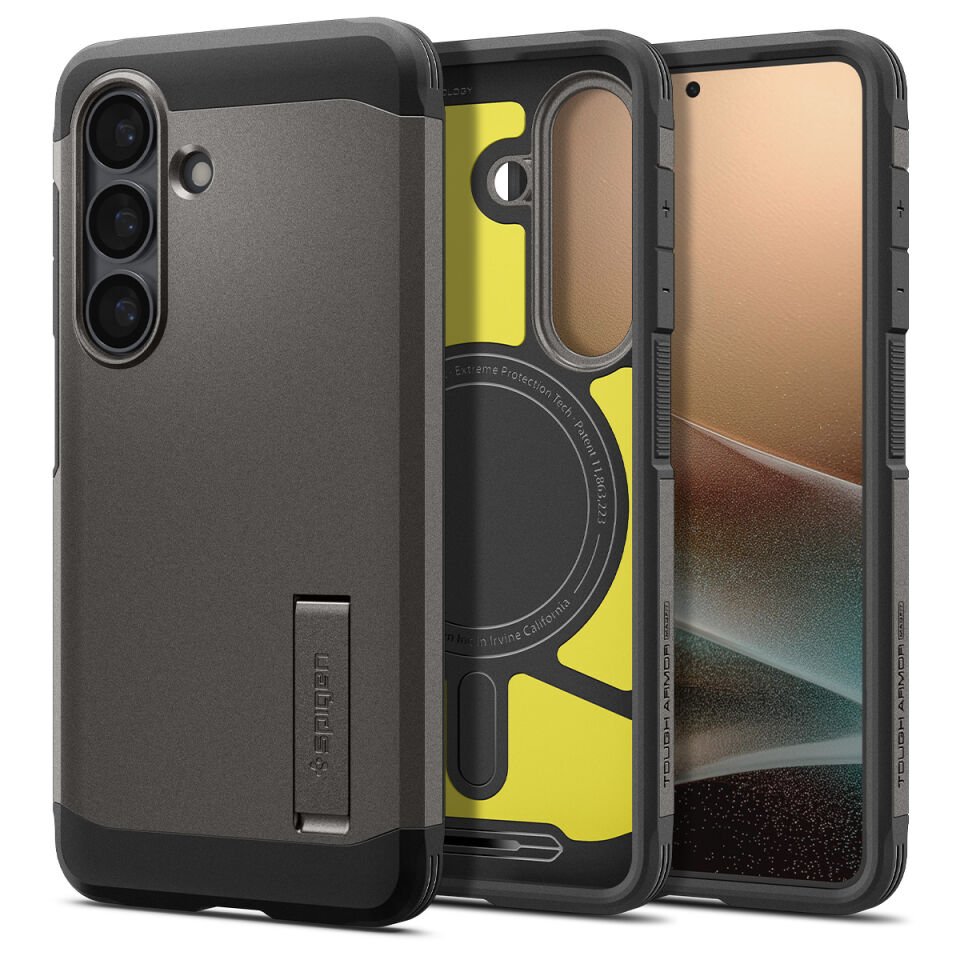 Spigen Samsung Galaxy S26 Plus ile Uyumlu Ekstra Dayanıklı Kılıf Tough Armor Hava Kanalı Teknolojisi™ Askeri Sınıf Koruma MagFit KickStand\'lı Çift Katman Kapak Gunmetal