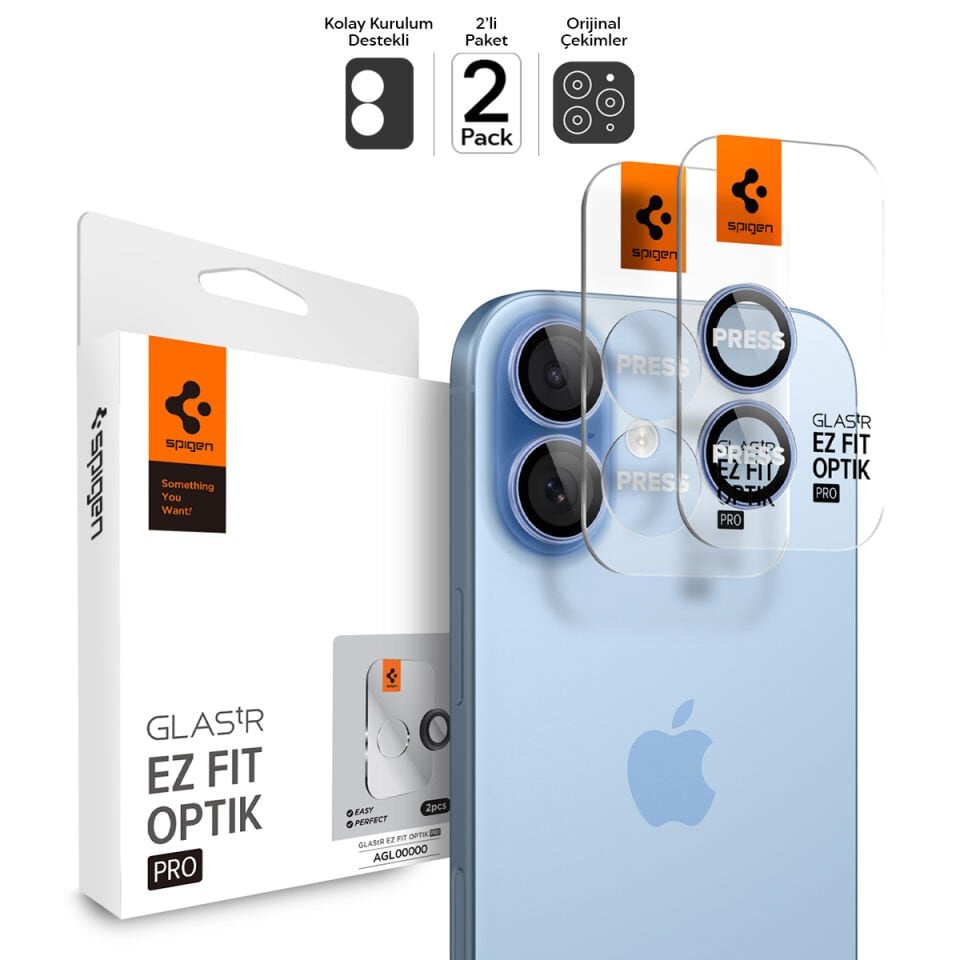 Spigen iPhone 17 / 16 Plus / 16 Kamera Lens Camı Koruyucu Kolay Kurulum Glas.tR EZ Fit Optik Pro (2 Adet) Blue