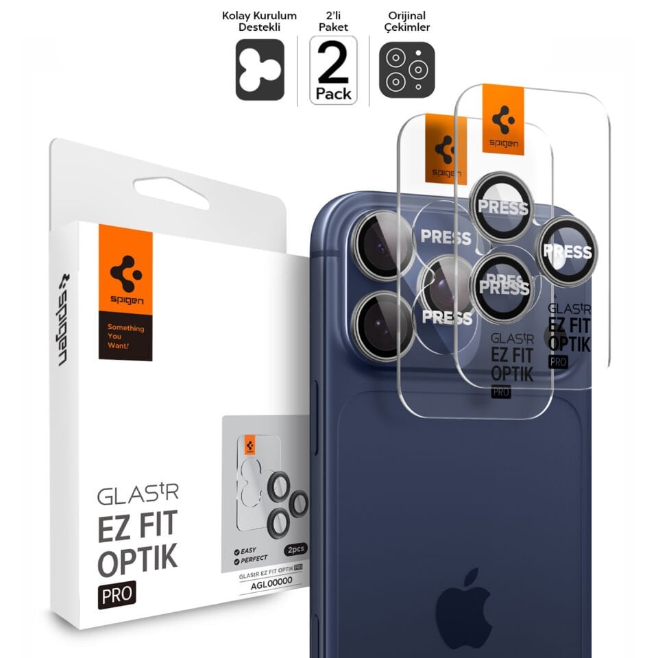 Spigen iPhone 17 Pro Max / 17 Pro / 16 Pro Max / 16 Pro / 15 Pro Max / 15 Pro / 14 Pro Max / 14 Pro Kamera Lens Camı Koruyucu Kolay Kurulum Glas.tR EZ Fit Optik Pro (2 Adet) Gray
