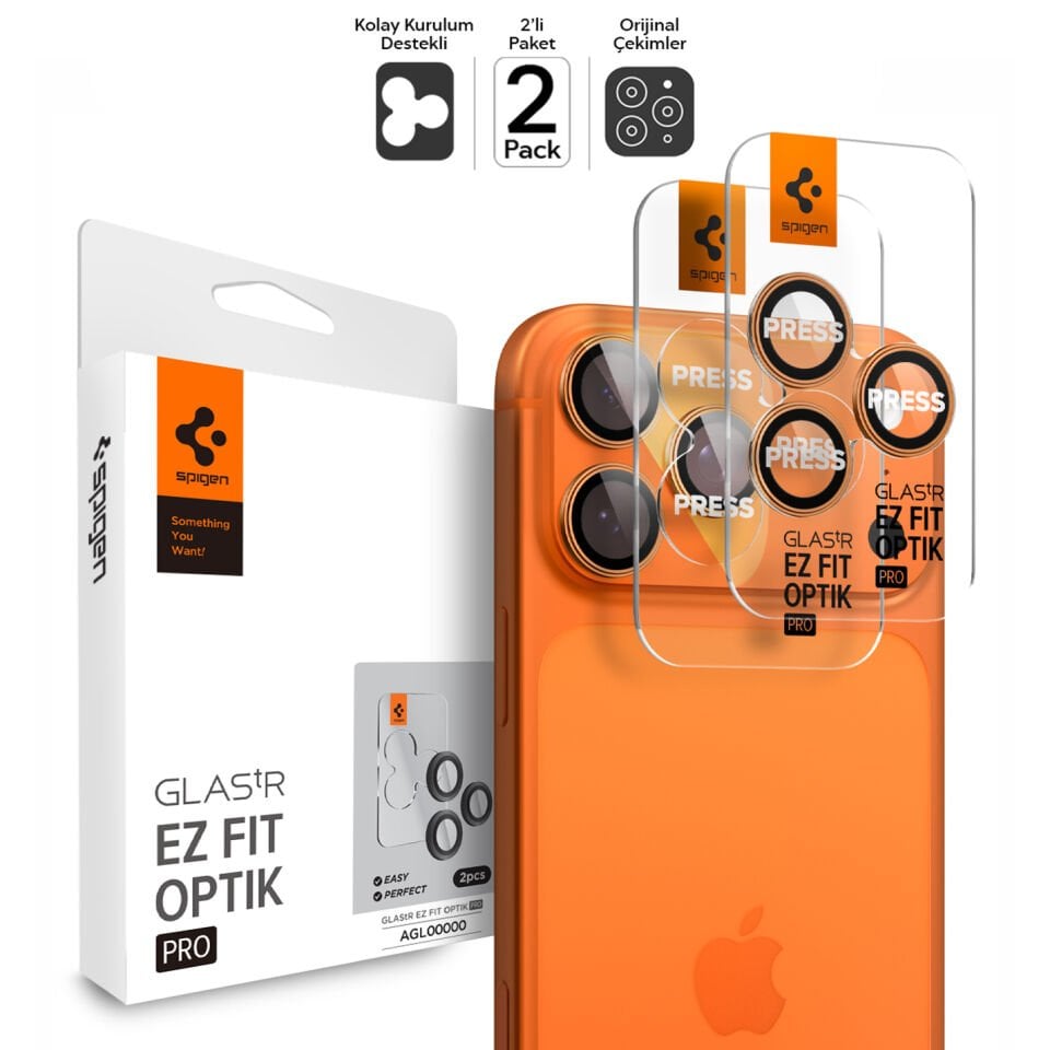 Spigen iPhone 17 Pro Max / 17 Pro / 16 Pro Max / 16 Pro / 15 Pro Max / 15 Pro / 14 Pro Max / 14 Pro Kamera Lens Camı Koruyucu Kolay Kurulum Glas.tR EZ Fit Optik Pro (2 Adet) Orange