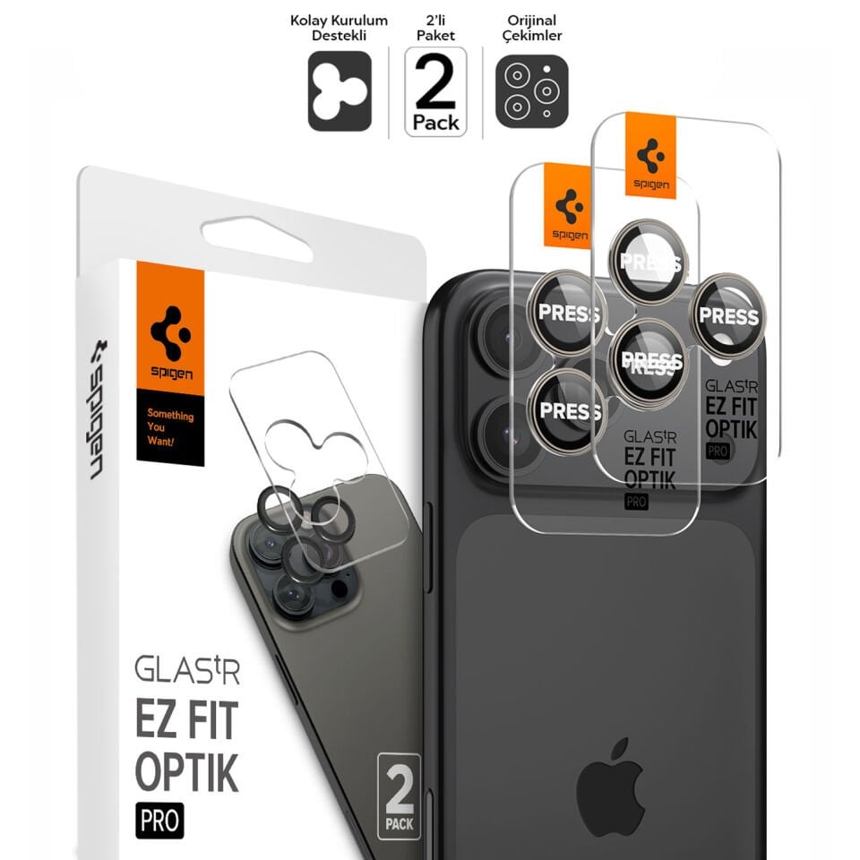 Spigen iPhone 17 Pro Max / 17 Pro / 16 Pro Max / 16 Pro / 15 Pro Max / 15 Pro / 14 Pro Max / 14 Pro Kamera Lens Camı Koruyucu Kolay Kurulum GLAS.tR EZ Fit Optik Pro (2 Adet) Natural Titanium