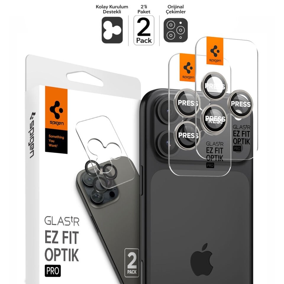 Spigen iPhone 17 Pro Max / 17 Pro / 16 Pro Max / 16 Pro / 15 Pro Max / 15 Pro / 14 Pro Max / 14 Pro Kamera Lens Camı Koruyucu Kolay Kurulum GLAS.tR EZ Fit Optik Pro (2 Adet) White Titanium