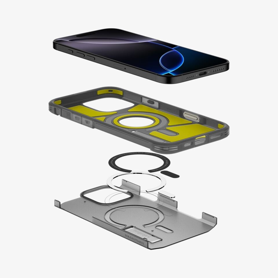 Spigen iPhone 16 Pro Max Kılıf Tough Armor AI T (Kamera Buton Korumalı) MagFit MagSafe özellikli Kickstand Frost Black