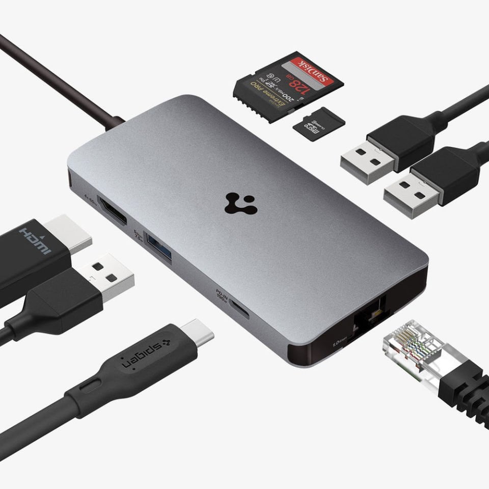 Spigen ArcDock 100W Güç Adaptörü 8in1 USB-C Multi Hub / Çoklayıcı 8 Port / 4k 60hz / Ethernet 1Gbps / MacBook PD2303