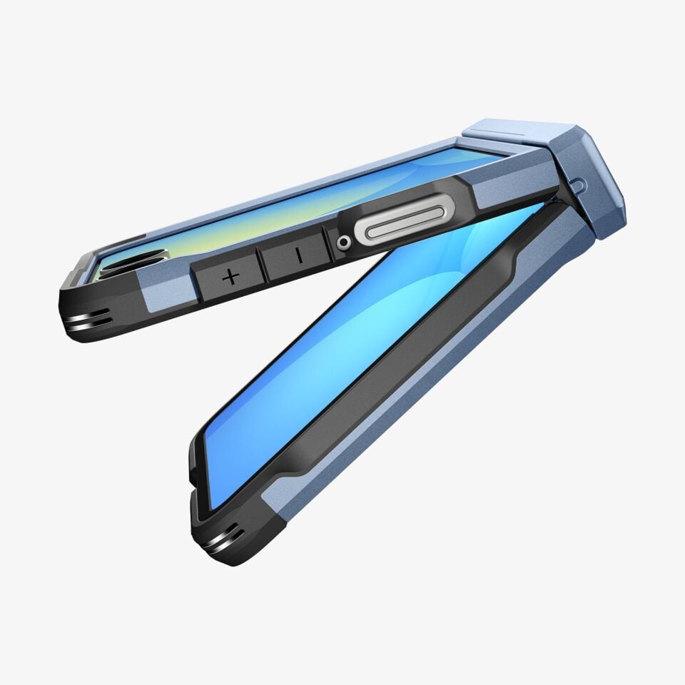 Spigen Galaxy Z Flip 7 Ekstra Dayanıklı Kılıf Tough Armor Pro Hava Kanalı Teknolojisi™ Askeri Sınıf Koruma MagFit özellikli KickStand'lı Çift Katman Kapak Sierra Blue