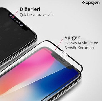 iPhone X Cam Ekran Koruyucu, Spigen Full Cover Glass Black