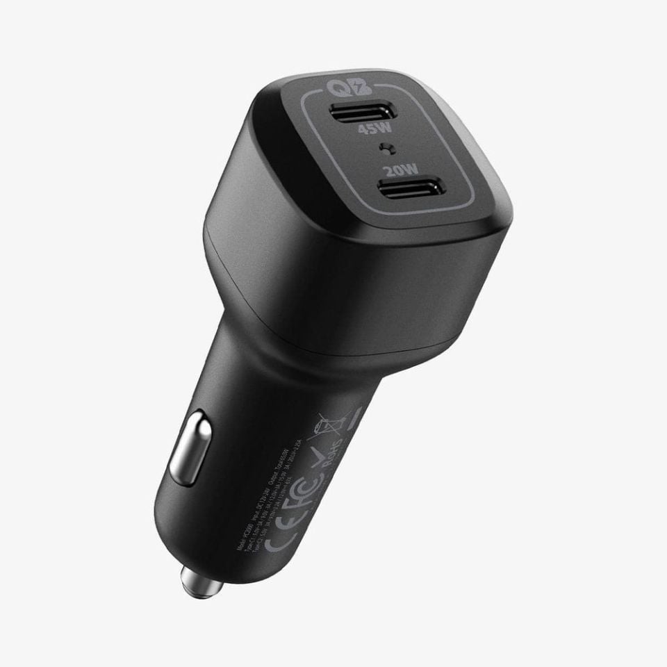 Spigen 65W USB-C 2 Port Araç içi Güç Adaptörü - Hızlı Şarj Aleti iPhone & Android & iPad & MacBook Type-C