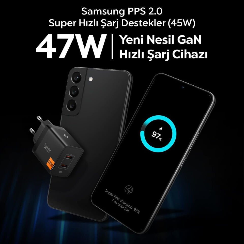 Spigen 47W USB-C 2 Port Mini Hızlı Şarj Aleti Samsung PPS 2.0 / Isı Düşürücü GaN Pro Akım Korumalı PD 3.0 / SCP / FCP Protokol Güç Adaptörü iPhone & Android & iPad & MacBook Type-C Black