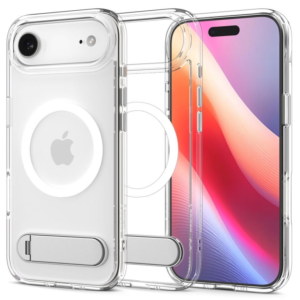 Spigen iPhone Air ince MagSafe Kılıf Ultra Hybrid S Metal Stand'lı Sararma Karşıtı DuraClear™ Hava Kanalı Teknolojisi™ Askeri Sınıf Koruma MagFit Şeffaf Kapak Clear White