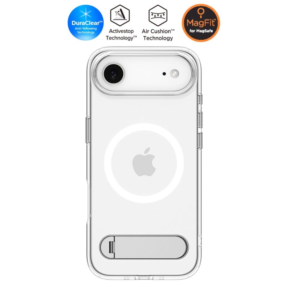 Spigen iPhone Air ince MagSafe Kılıf Ultra Hybrid S Metal Stand'lı Sararma Karşıtı DuraClear™ Hava Kanalı Teknolojisi™ Askeri Sınıf Koruma MagFit Şeffaf Kapak Clear White