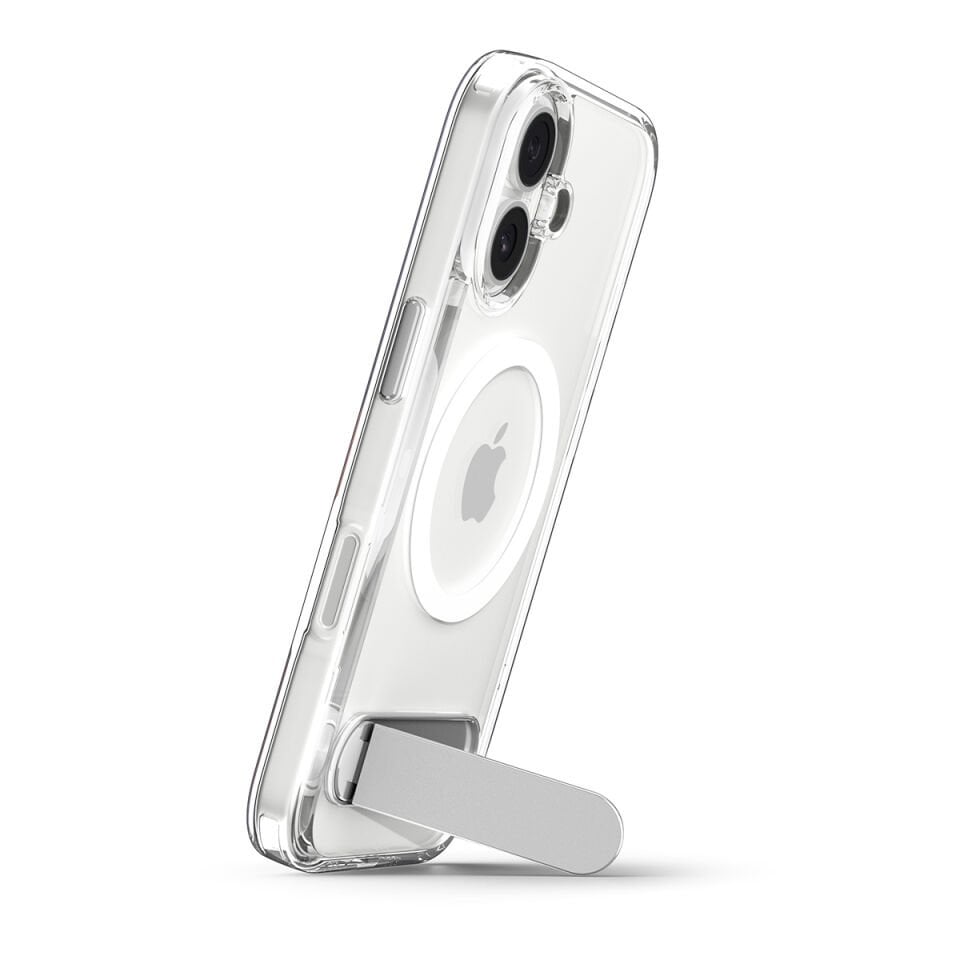 Spigen iPhone 17 ince MagSafe Kılıf Ultra Hybrid S Metal Stand'lı Sararma Karşıtı DuraClear™ Hava Kanalı Teknolojisi™ Askeri Sınıf Koruma MagFit Şeffaf Kapak Clear White