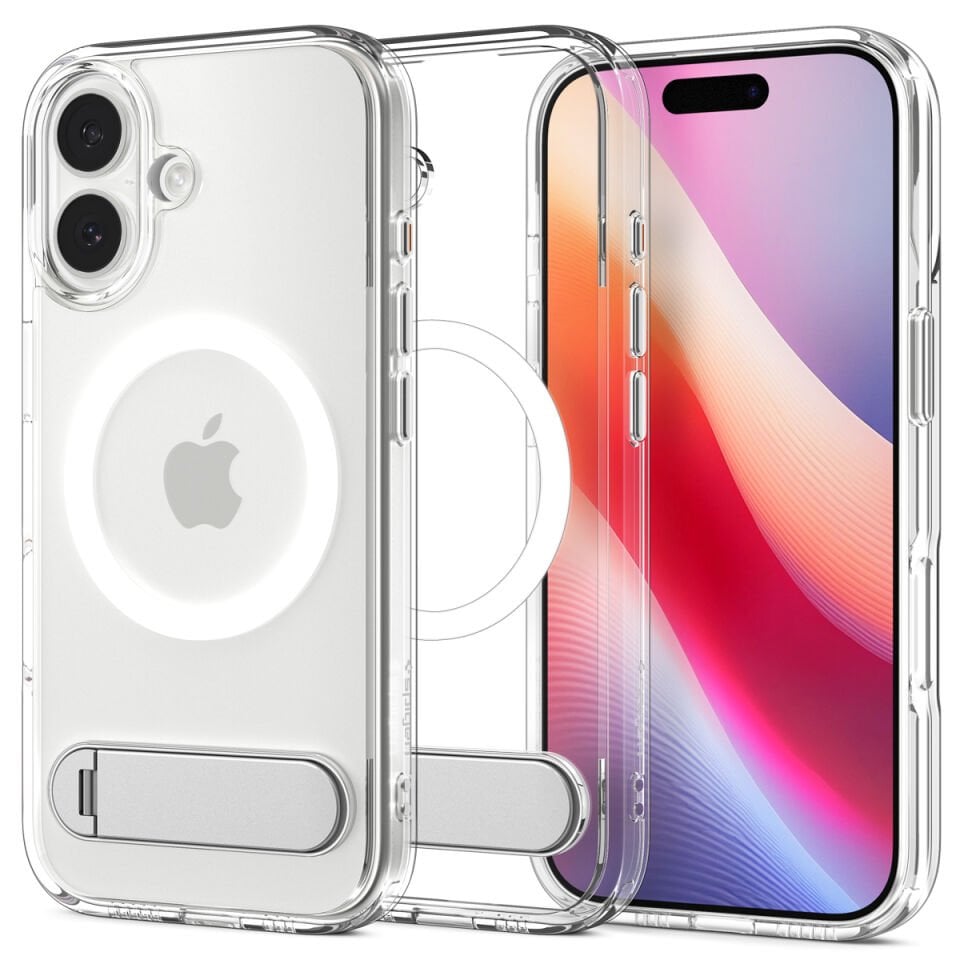 Spigen iPhone 17 ince MagSafe Kılıf Ultra Hybrid S Metal Stand'lı Sararma Karşıtı DuraClear™ Hava Kanalı Teknolojisi™ Askeri Sınıf Koruma MagFit Şeffaf Kapak Clear White