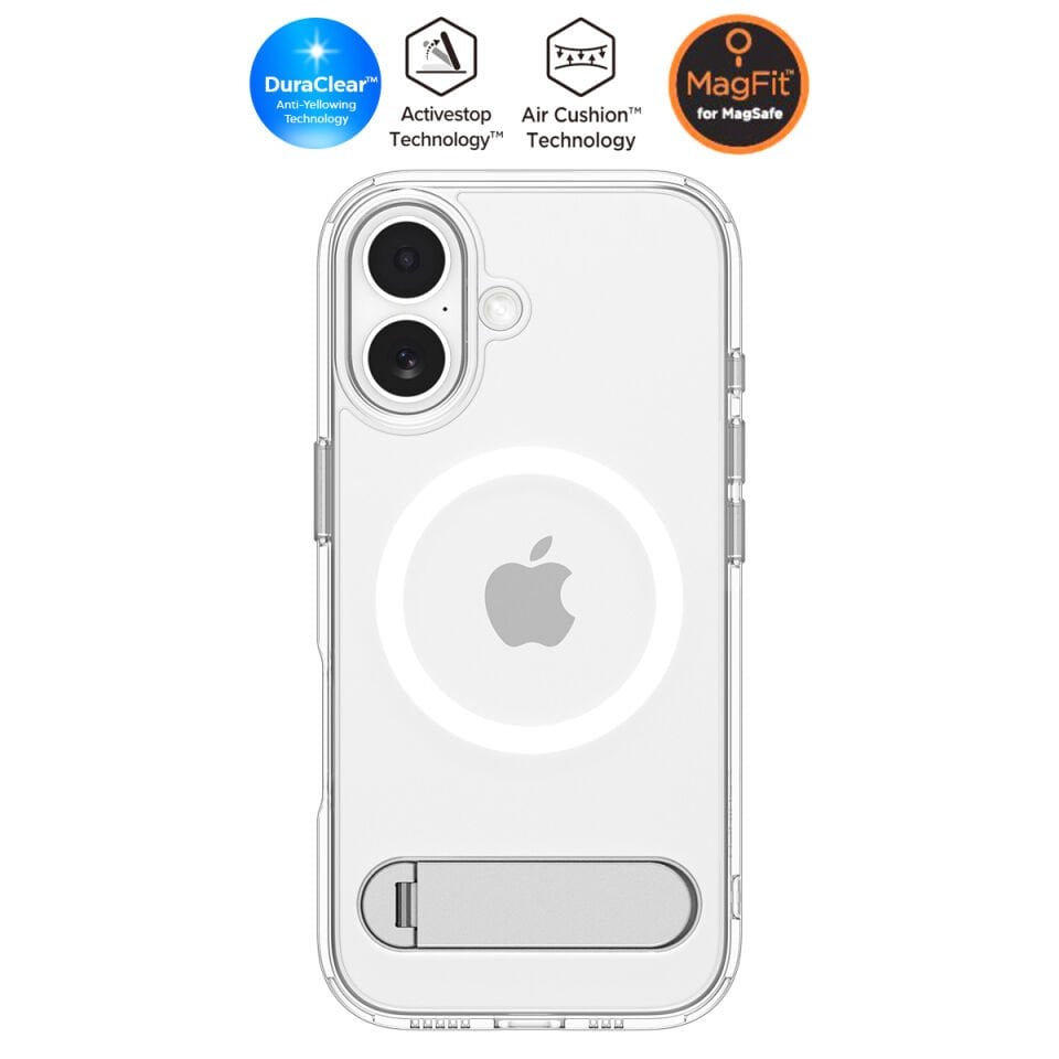Spigen iPhone 17 ince Kılıf ince MagSafe Kılıf Ultra Hybrid S Metal Stand'lı Sararma Karşıtı DuraClear™ Hava Kanalı Teknolojisi™ Askeri Sınıf Koruma MagFit Şeffaf Kapak Clear White