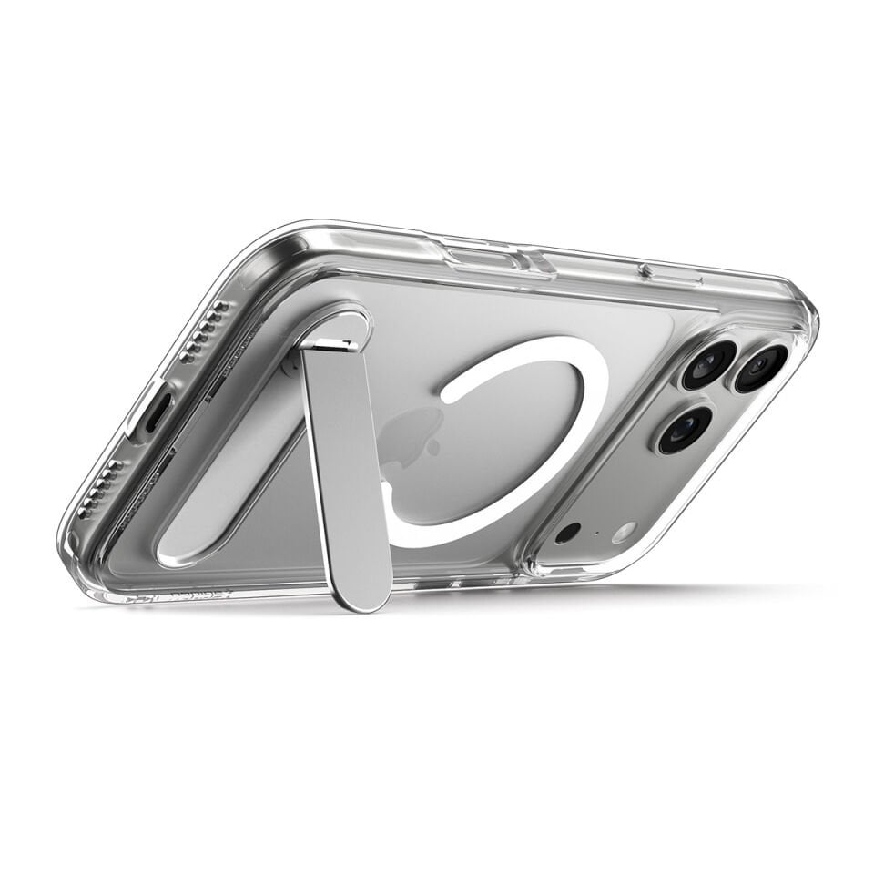 Spigen iPhone 17 Pro ince Kılıf ince MagSafe Kılıf Ultra Hybrid S Metal Stand'lı Sararma Karşıtı DuraClear™ Hava Kanalı Teknolojisi™ Askeri Sınıf Koruma MagFit Şeffaf Kapak Clear White
