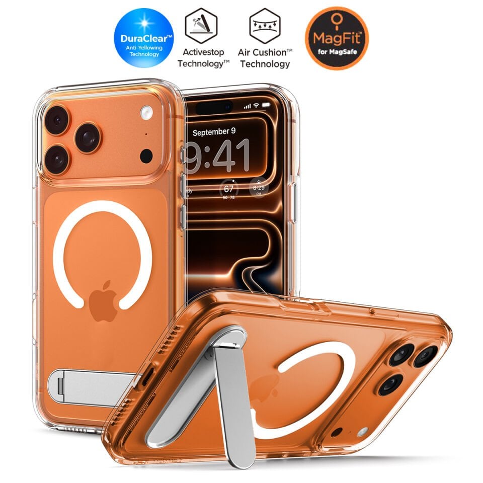 Spigen iPhone 17 Pro Max ince MagSafe Kılıf Ultra Hybrid S Metal Stand'lı Sararma Karşıtı DuraClear™ Hava Kanalı Teknolojisi™ Askeri Sınıf Koruma MagFit Şeffaf Kapak Clear White