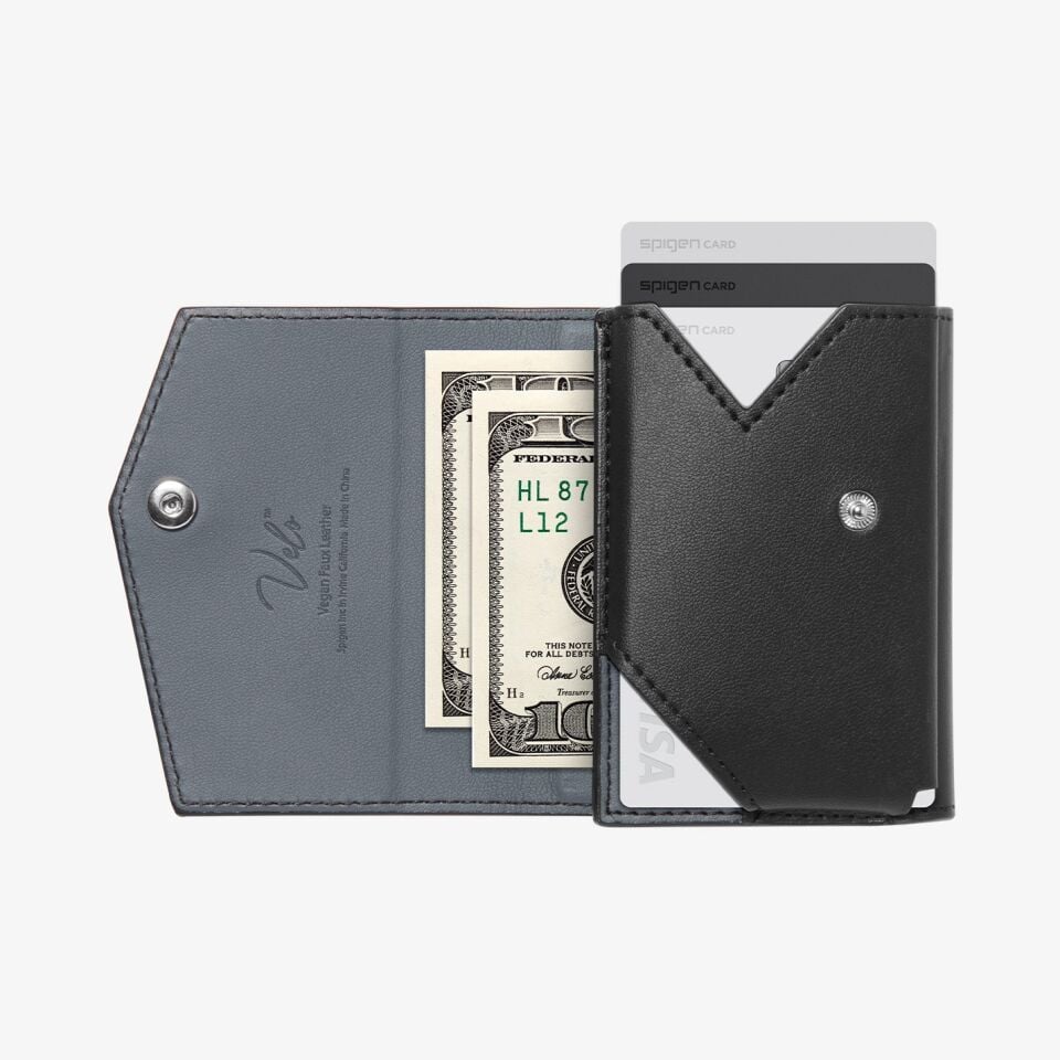 Spigen MagFit iPhone için MagSafe özellikli 3 Kartlı Manyetik Cüzdan Valentinus Pro Vegan Deri Black