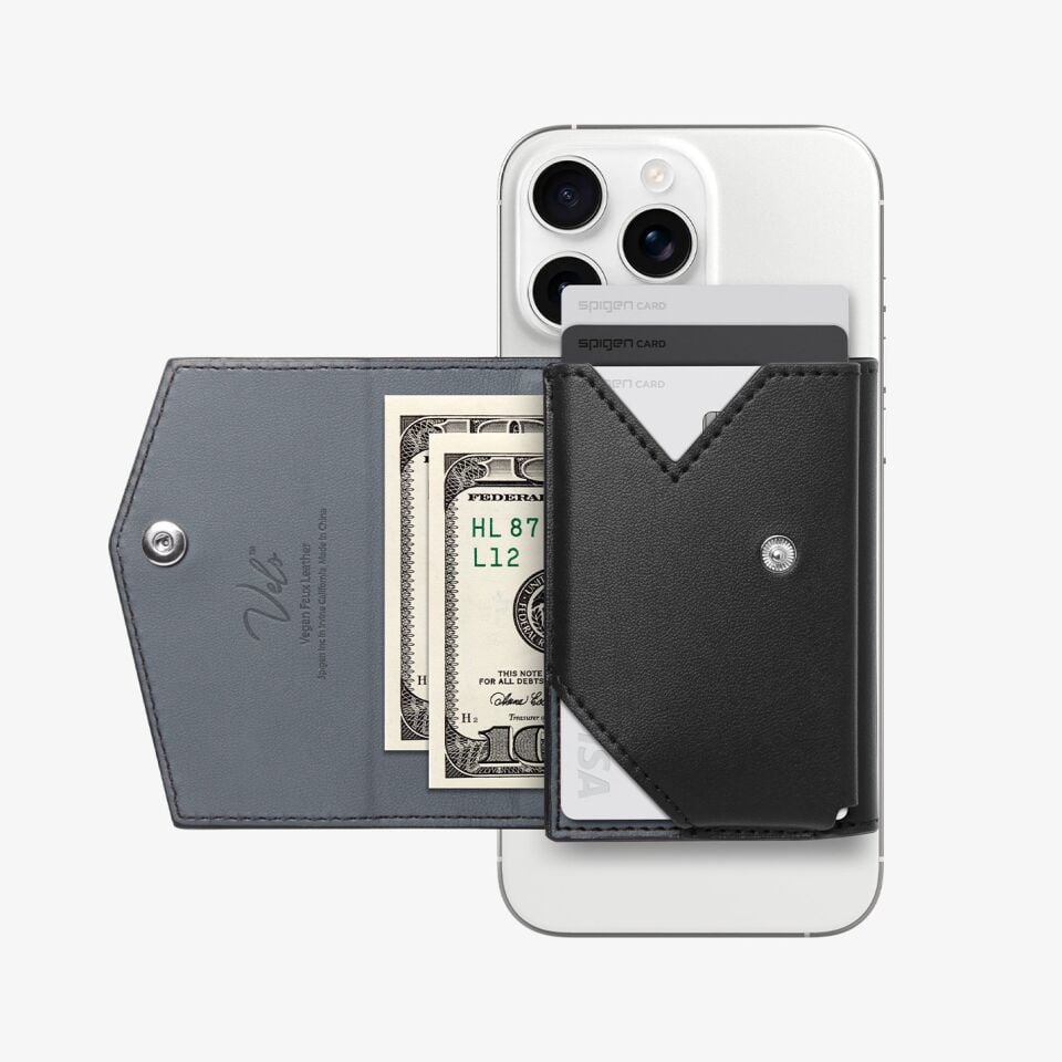 Spigen MagFit iPhone için MagSafe özellikli 3 Kartlı Manyetik Cüzdan Valentinus Pro Vegan Deri Black