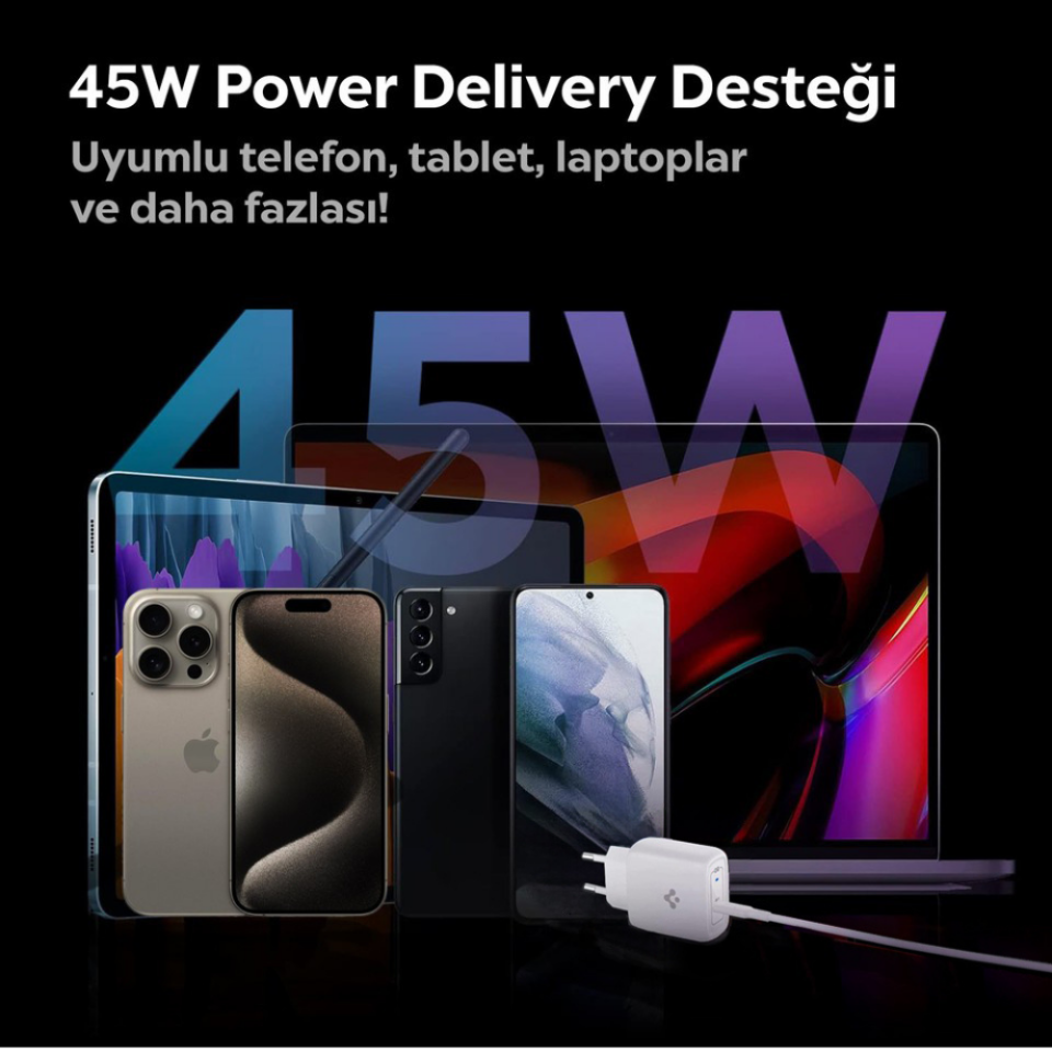 Spigen 45W GaN USB-C Güç Adaptörü + Örgü Şarj Kablo - Samsung PPS 2.0 Super Hızlı Şarj Destekli (Isı Düşürücü ve Akım Korumalı) Hızlı Şarj Aleti iPhone & Android & iPad & MacBook Type-C