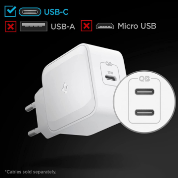 Spigen 30W GaN USB-C Güç Adaptörü - Hızlı Şarj Aleti (Isı Düşürücü ve Akım Korumalı) iPhone & Android & iPad & MacBook Type-C White