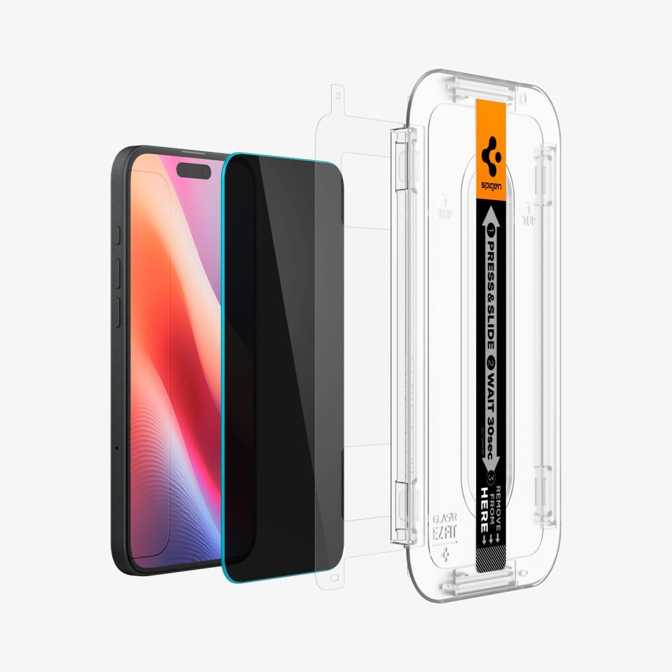 Spigen iPhone 16 Plus / iPhone 15 Plus Hayalet Cam Ekran Koruyucu Kolay Kurulum Glas.tR EZ Fit Privacy (2 Adet)