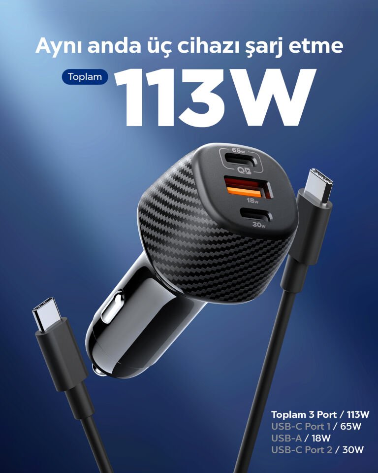 Spigen 113W USB-C + USB-A 3 Port Araç içi Hızlı Şarj Aleti + 1 Metre 100W E-Mark Şarj Kablosu / PPS 2.0 Desteği Akım Korumalı Güç Adaptörü Çakmaklık iPhone & Android & iPad & MacBook EV1133