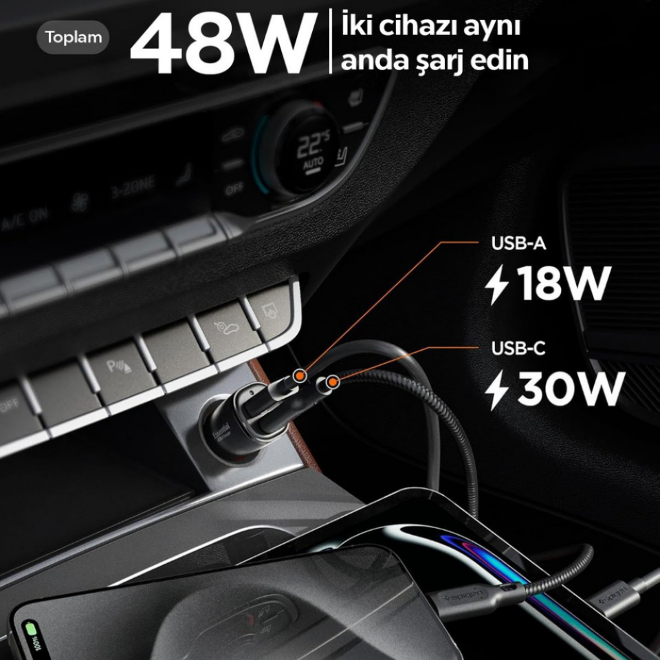 Spigen 48W USB-C 2 Port Araç içi Güç Adaptörü - Samsung PPS Destekli Hızlı Şarj Aleti iPhone & Android & iPad Type-C PD 3.0 30W + QC 3.0 18W