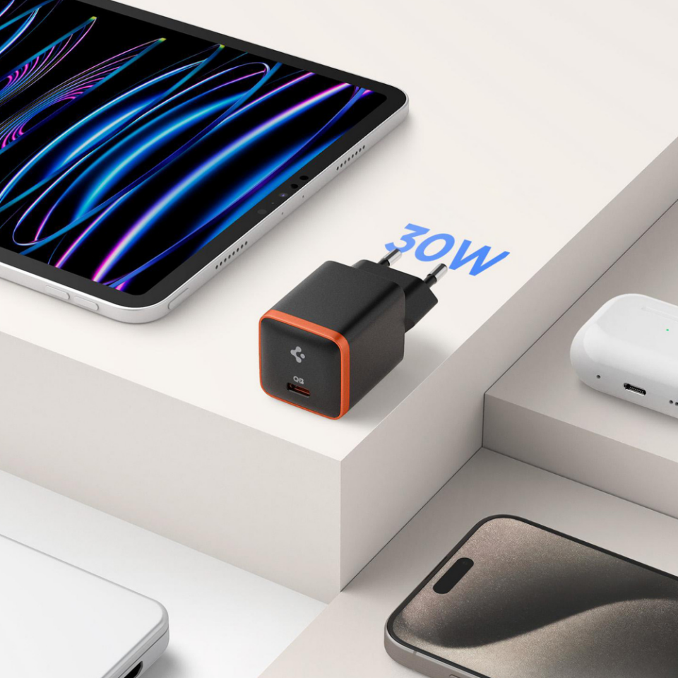 Spigen 30W GaN USB-C Mini Güç Adaptörü - Samsung PPS Destekli Hızlı Şarj Aleti (Isı Düşürücü ve Akım Korumalı) iPhone & Android & iPad & MacBook Type-C Black - ACH08448