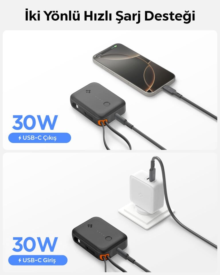 Spigen 10000 mAh Ultra Mini 30W USB-C + USB-A Giriş / Çıkış Hızlı Şarj 3 Portlu Powerbank / Type-C Dahili Kablolu Taşınabilir Şarj Cihazı EA3010BT Black