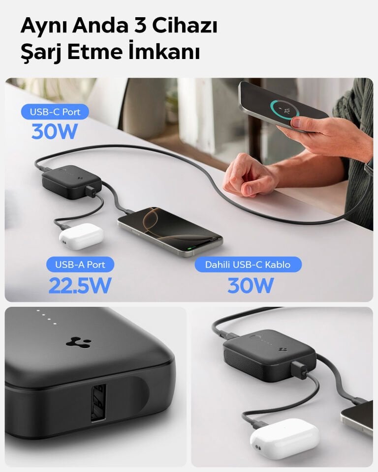 Spigen 10000 mAh Ultra Mini 30W USB-C + USB-A Giriş / Çıkış Hızlı Şarj 3 Portlu Powerbank / Type-C Dahili Kablolu Taşınabilir Şarj Cihazı EA3010BT Black