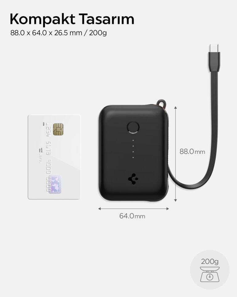 Spigen 10000 mAh Ultra Mini 30W USB-C + USB-A Giriş / Çıkış Hızlı Şarj 3 Portlu Powerbank / Type-C Dahili Kablolu Taşınabilir Şarj Cihazı EA3010BT Black
