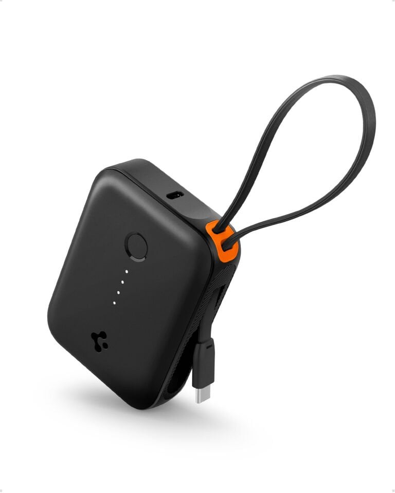 Spigen 10000 mAh Ultra Mini 30W USB-C + USB-A Giriş / Çıkış Hızlı Şarj 3 Portlu Powerbank / Type-C Dahili Kablolu Taşınabilir Şarj Cihazı EA3010BT Black