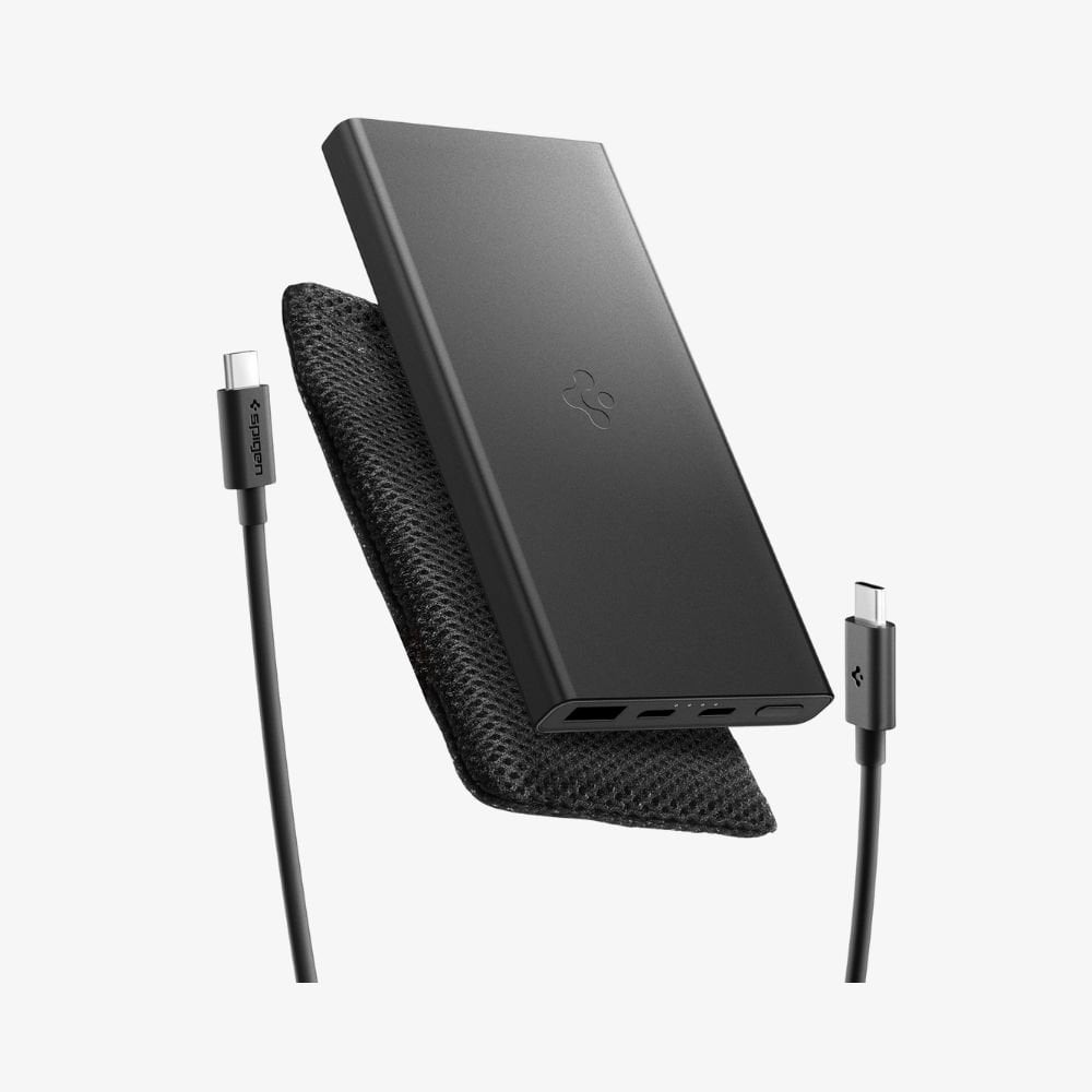 Spigen 10000 mAh Slim Alüminyum Kasa 22,5W USB-C + USB-A Giriş / Çıkış Hızlı Şarj 3 Portlu Powerbank / 1 Metre Type-C Harici Kablolu Taşınabilir Şarj Cihazı + Taşıma Çantası EA2210 Black