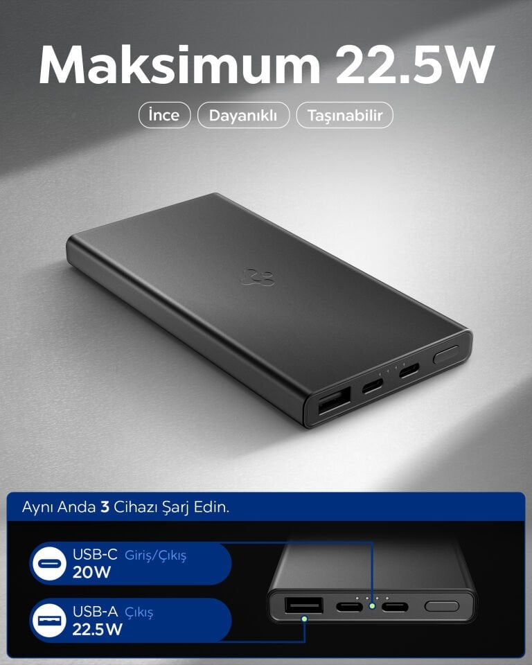 Spigen 10000 mAh Slim Alüminyum Kasa 22,5W USB-C + USB-A Giriş / Çıkış Hızlı Şarj 3 Portlu Powerbank / 1 Metre Type-C Harici Kablolu Taşınabilir Şarj Cihazı + Taşıma Çantası EA2210 Black