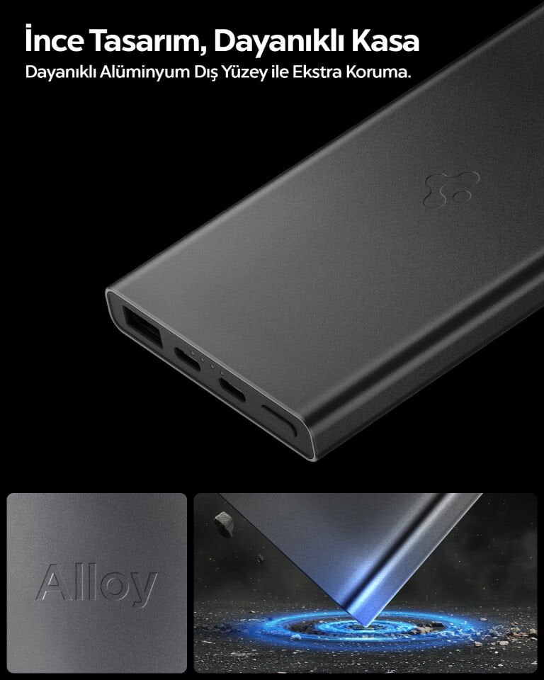 Spigen 10000 mAh Slim Alüminyum Kasa 22,5W USB-C + USB-A Giriş / Çıkış Hızlı Şarj 3 Portlu Powerbank / 1 Metre Type-C Harici Kablolu Taşınabilir Şarj Cihazı + Taşıma Çantası EA2210 Black