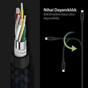 Spigen DuraSync Type-C to USB 2.0 Hızlı Şarj ve Data Kablo (1.5 Metre) C10HS Black