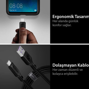 Spigen DuraSync Type-C to USB 2.0 Hızlı Şarj ve Data Kablo (1.5 Metre) C10HS Black