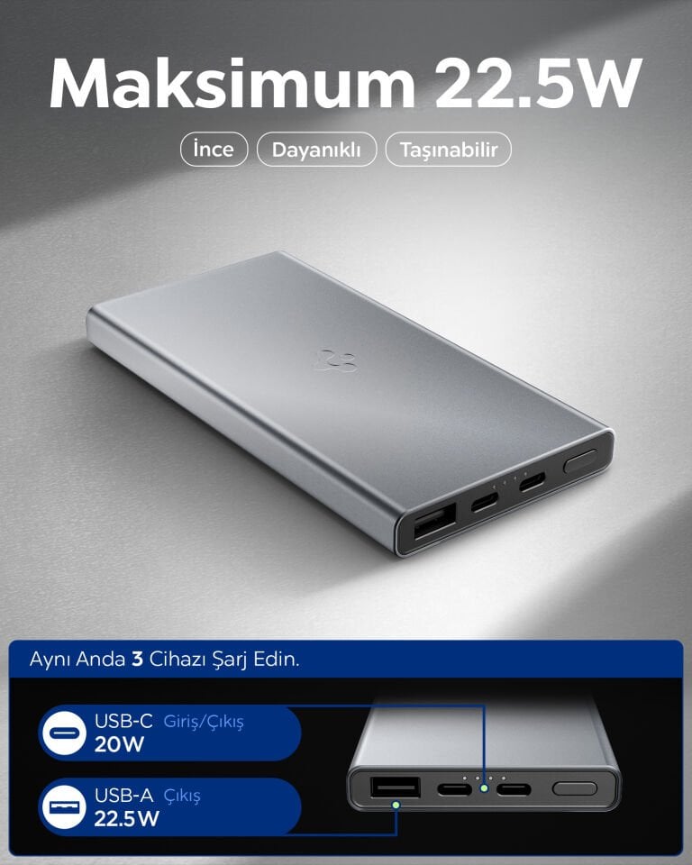 Spigen 10000 mAh Slim Alüminyum Kasa 22,5W USB-C + USB-A Giriş / Çıkış Hızlı Şarj 3 Portlu Powerbank / 1 Metre Type-C Harici Kablolu Taşınabilir Şarj Cihazı + Taşıma Çantası EA2210 Gray