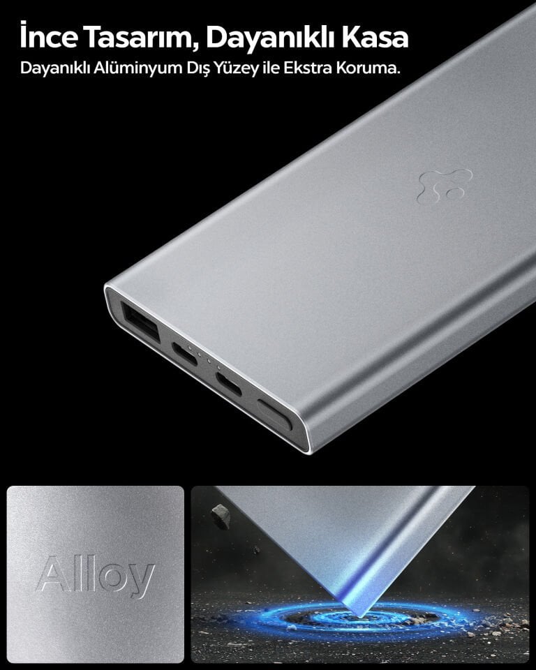 Spigen 10000 mAh Slim Alüminyum Kasa 22,5W USB-C + USB-A Giriş / Çıkış Hızlı Şarj 3 Portlu Powerbank / 1 Metre Type-C Harici Kablolu Taşınabilir Şarj Cihazı + Taşıma Çantası EA2210 Gray
