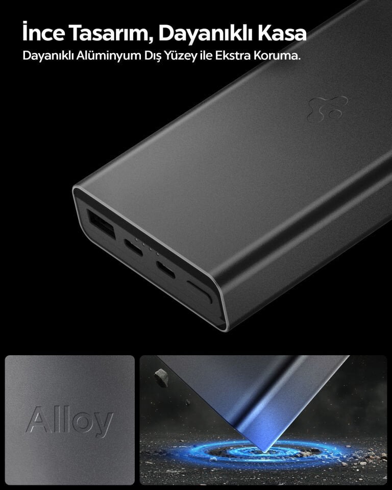 Spigen 20000 mAh Alüminyum Kasa 30W USB-C + USB-A Giriş / Çıkış Hızlı Şarj 3 Portlu Powerbank / 1 Metre Type-C Harici Kablolu Taşınabilir Şarj Cihazı + Taşıma Çantası EA3020
