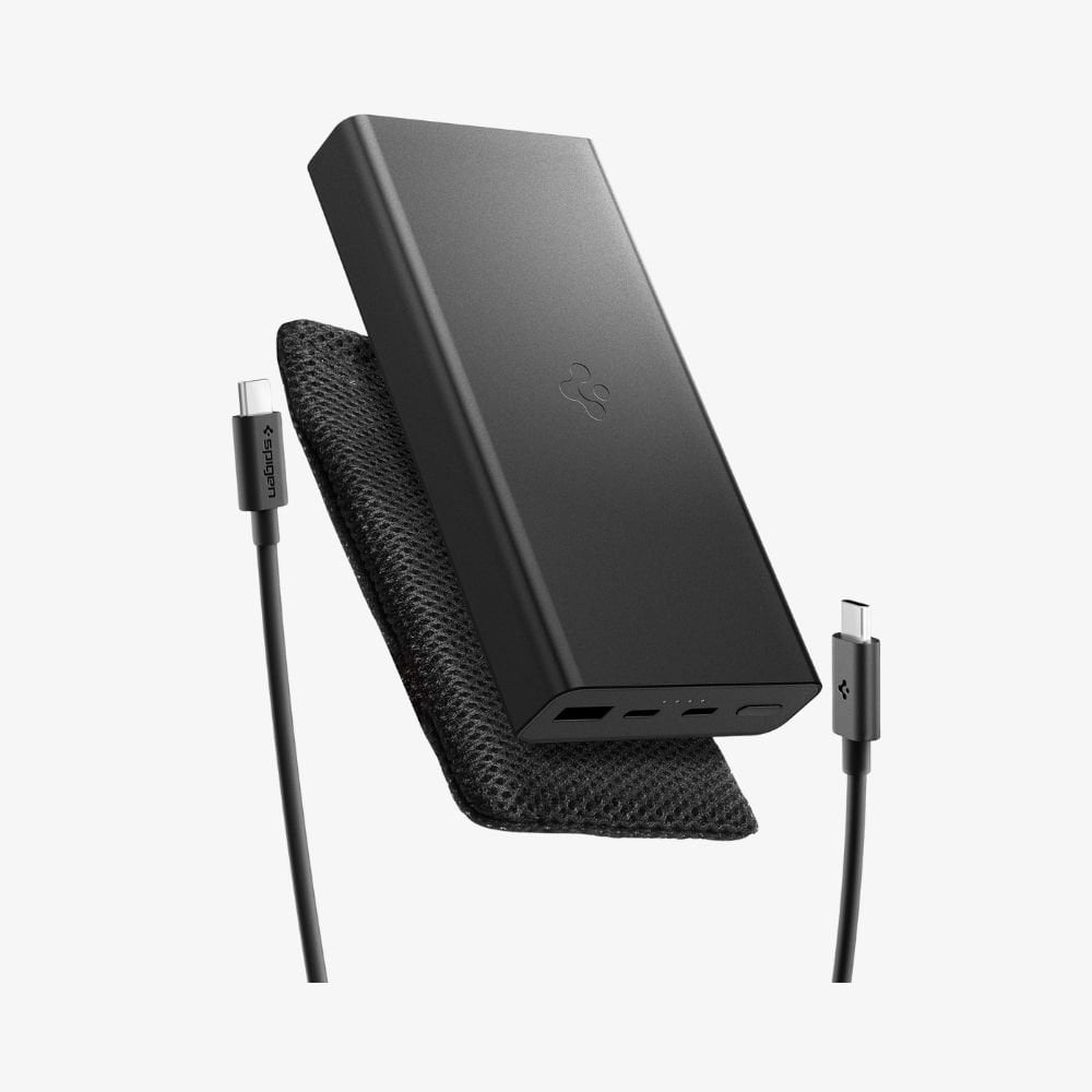 Spigen 20000 mAh Alüminyum Kasa 30W USB-C + USB-A Giriş / Çıkış Hızlı Şarj 3 Portlu Powerbank / 1 Metre Type-C Harici Kablolu Taşınabilir Şarj Cihazı + Taşıma Çantası EA3020 Black