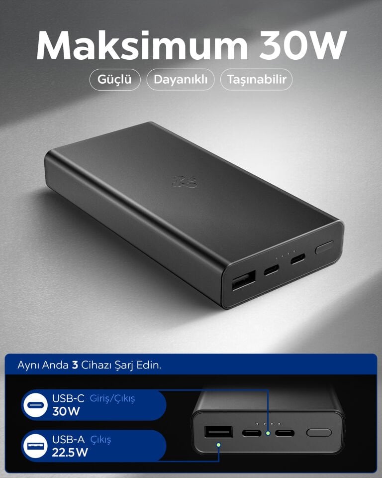 Spigen 20000 mAh Alüminyum Kasa 30W USB-C + USB-A Giriş / Çıkış Hızlı Şarj 3 Portlu Powerbank / 1 Metre Type-C Harici Kablolu Taşınabilir Şarj Cihazı + Taşıma Çantası EA3020 Black