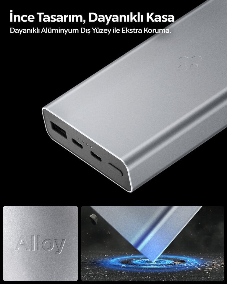 Spigen 20000 mAh Alüminyum Kasa 30W USB-C + USB-A Giriş / Çıkış Hızlı Şarj 3 Portlu Powerbank / 1 Metre Type-C Harici Kablolu Taşınabilir Şarj Cihazı + Taşıma Çantası EA3020 Gray