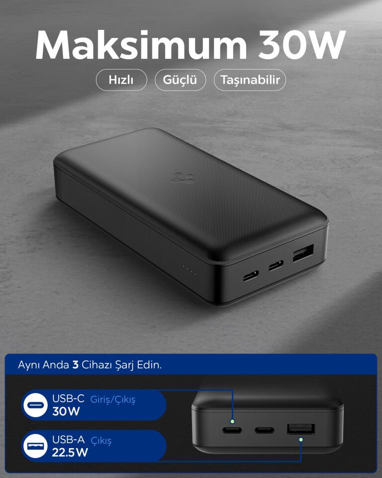 Spigen 30000 mAh 30W USB-C + USB-A Giriş / Çıkış Hızlı Şarj 3 Portlu Powerbank / 1 Metre Type-C Harici Kablolu Taşınabilir Şarj Cihazı + Taşıma Çantası Dahil EA3030