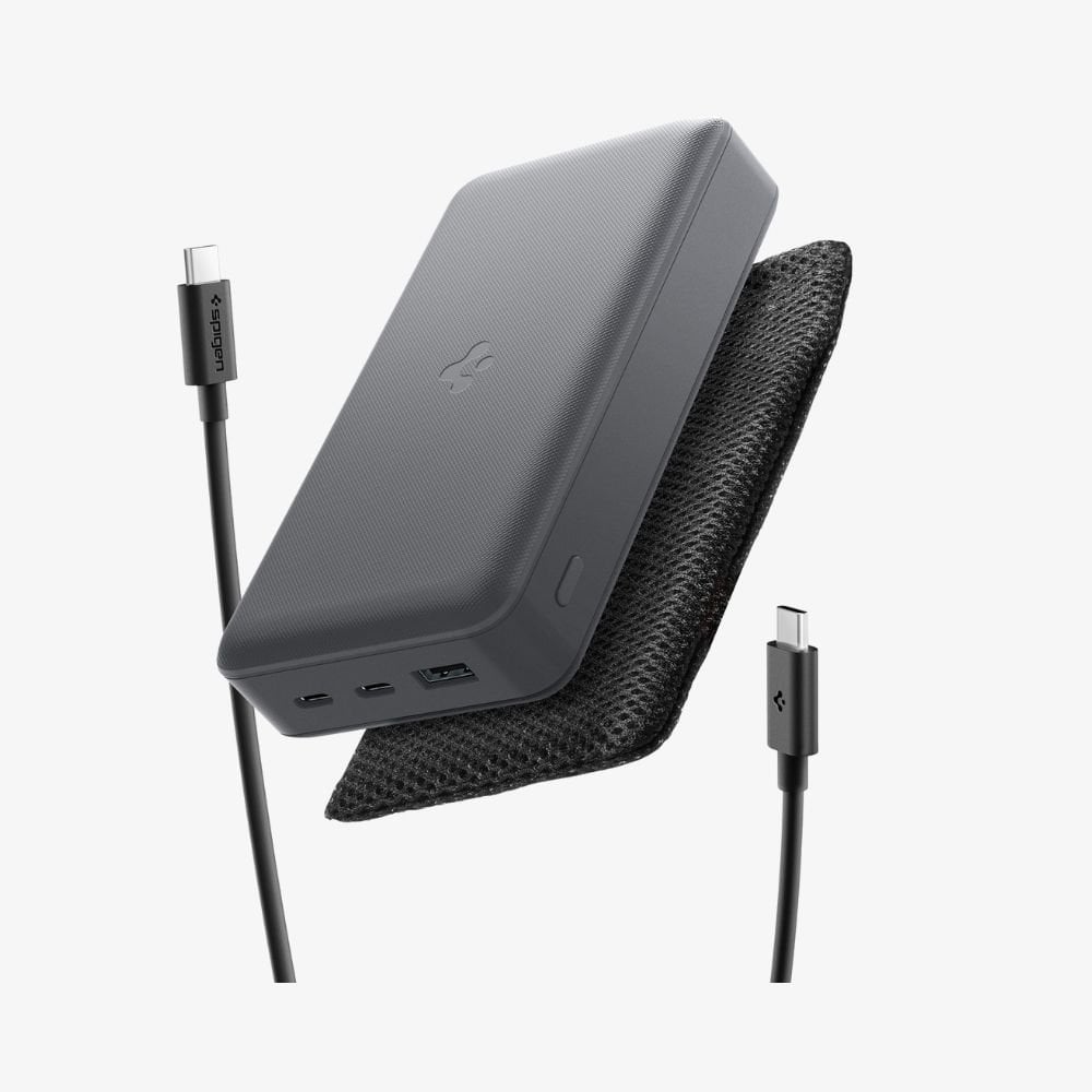 Spigen 30000 mAh 30W USB-C + USB-A Giriş / Çıkış Hızlı Şarj 3 Portlu Powerbank / 1 Metre Type-C Harici Kablolu Taşınabilir Şarj Cihazı + Taşıma Çantası Dahil EA3030 Gray
