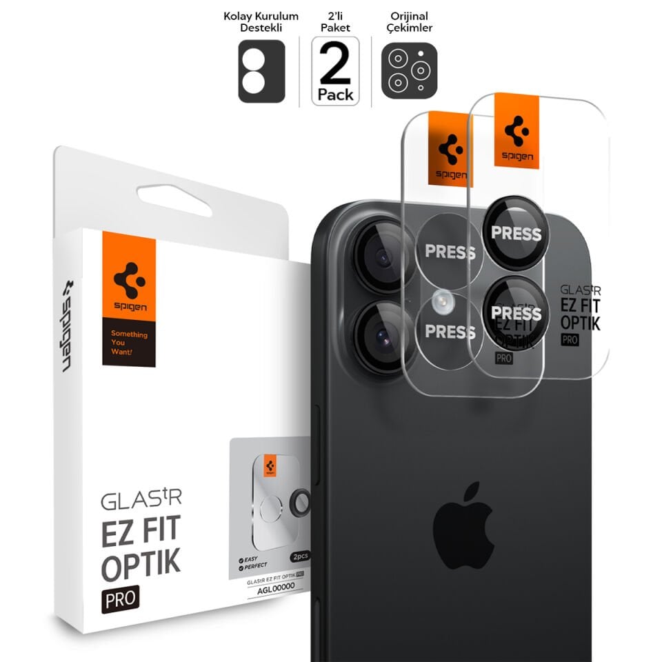 Spigen iPhone 17 / 16 Plus / 16 Kamera Lens Camı Koruyucu Kolay Kurulum GLAS.tR EZ Fit Optik Pro (2 Adet) Black